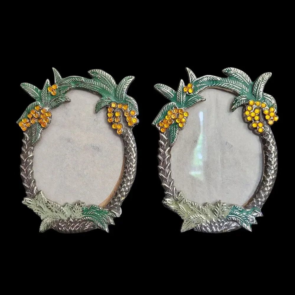 Vintage Tropical Palm Tree Jeweled Freestanding Picture Frames Pair 3.5x5